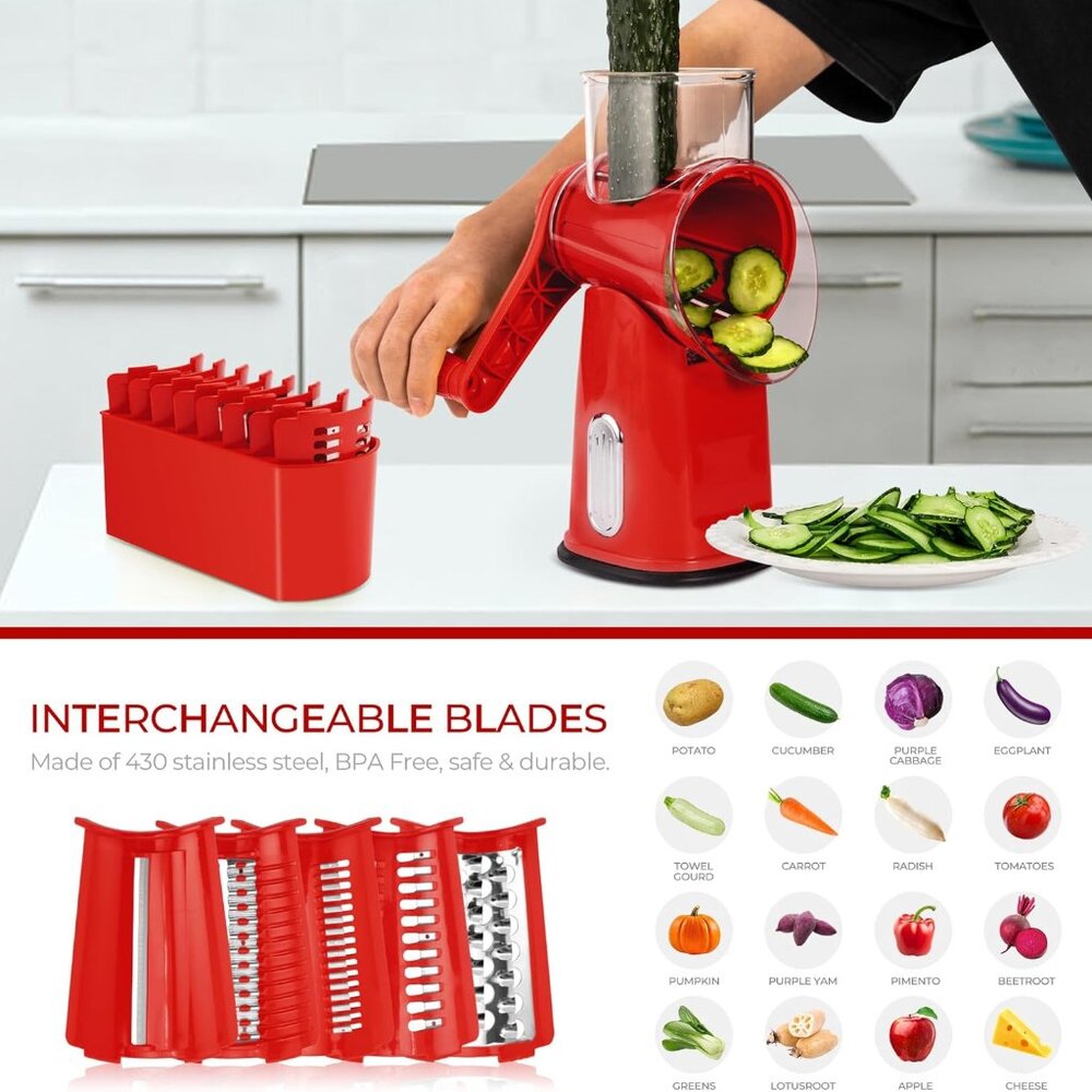 Rotary Cheese Grater w/Handle &5 Blades, Round Slicer & Vegetable Grater Red - Picture 3 of 8